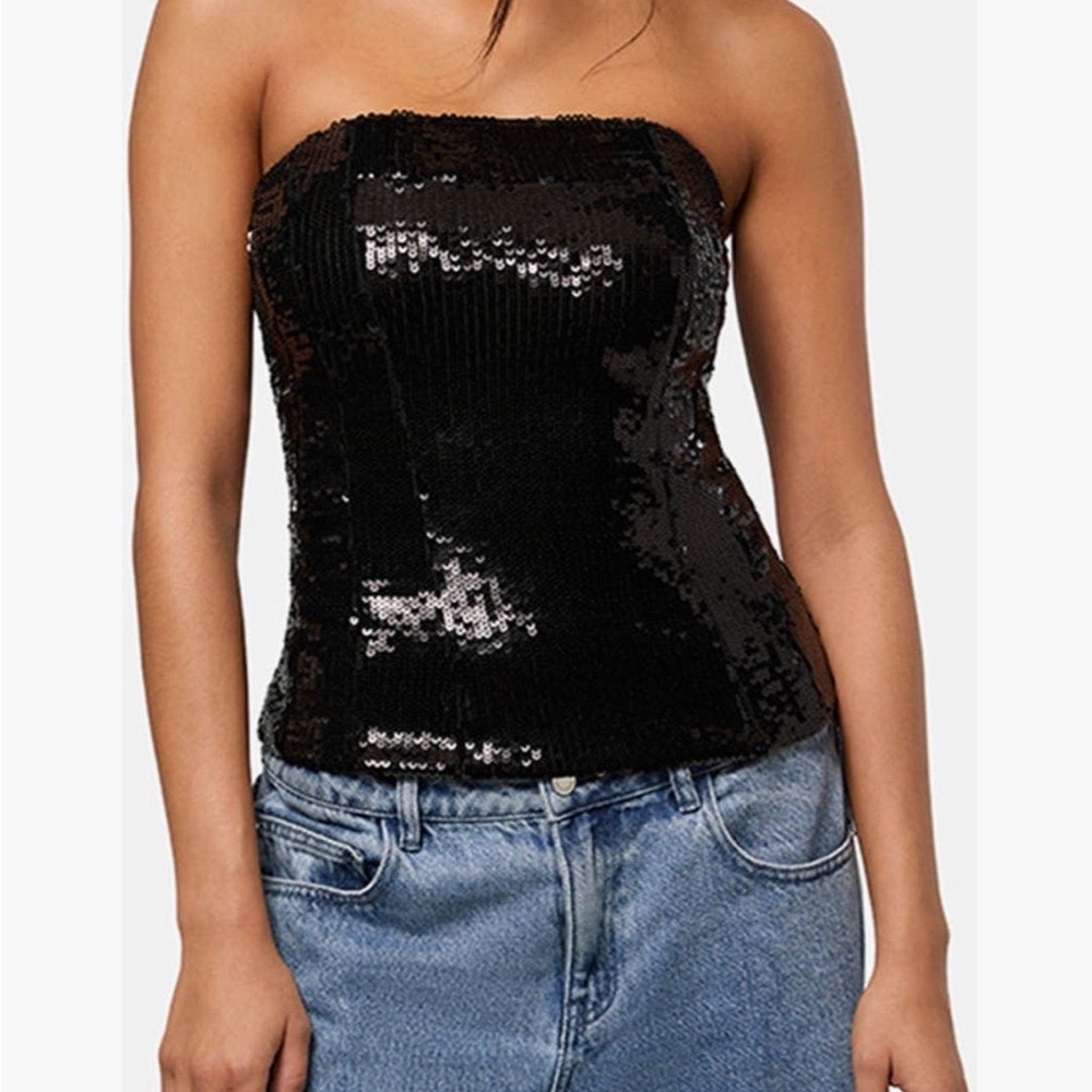 MICHAEL KORS Black Sequin Strapless Fitted Tube Top Size Small